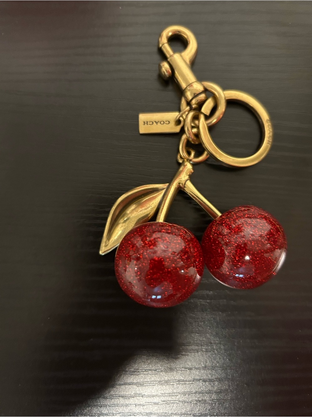 Coach❤️ Gold-Tone Cherry Keyring with Red Glitter Cherries - Picture 2 of 5